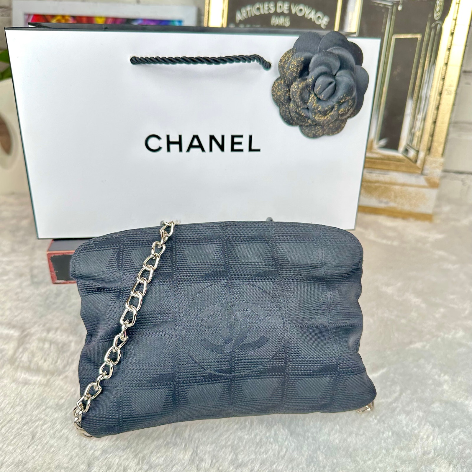 Chanel Black Quilted Logo Crossbody Bag With Silver Chain Strap